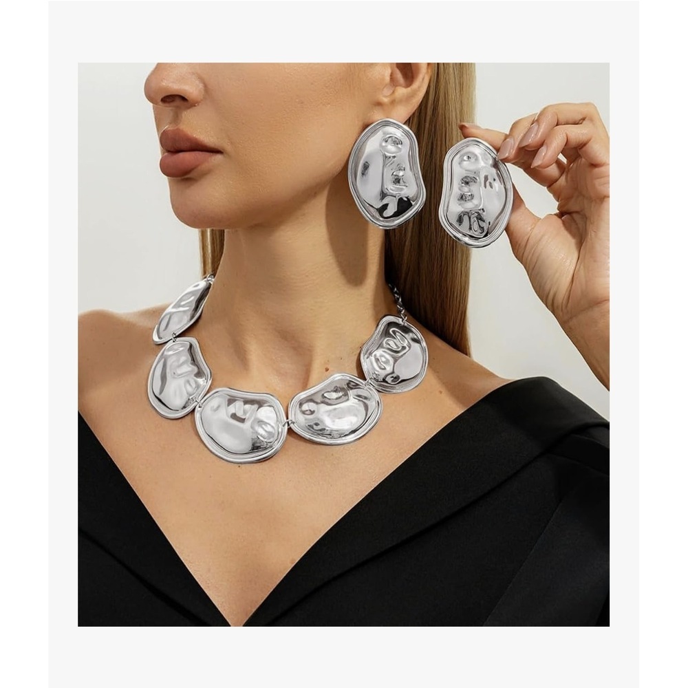 Silver Chunky Statement Necklace & Earrings Set Fashion Jewelry